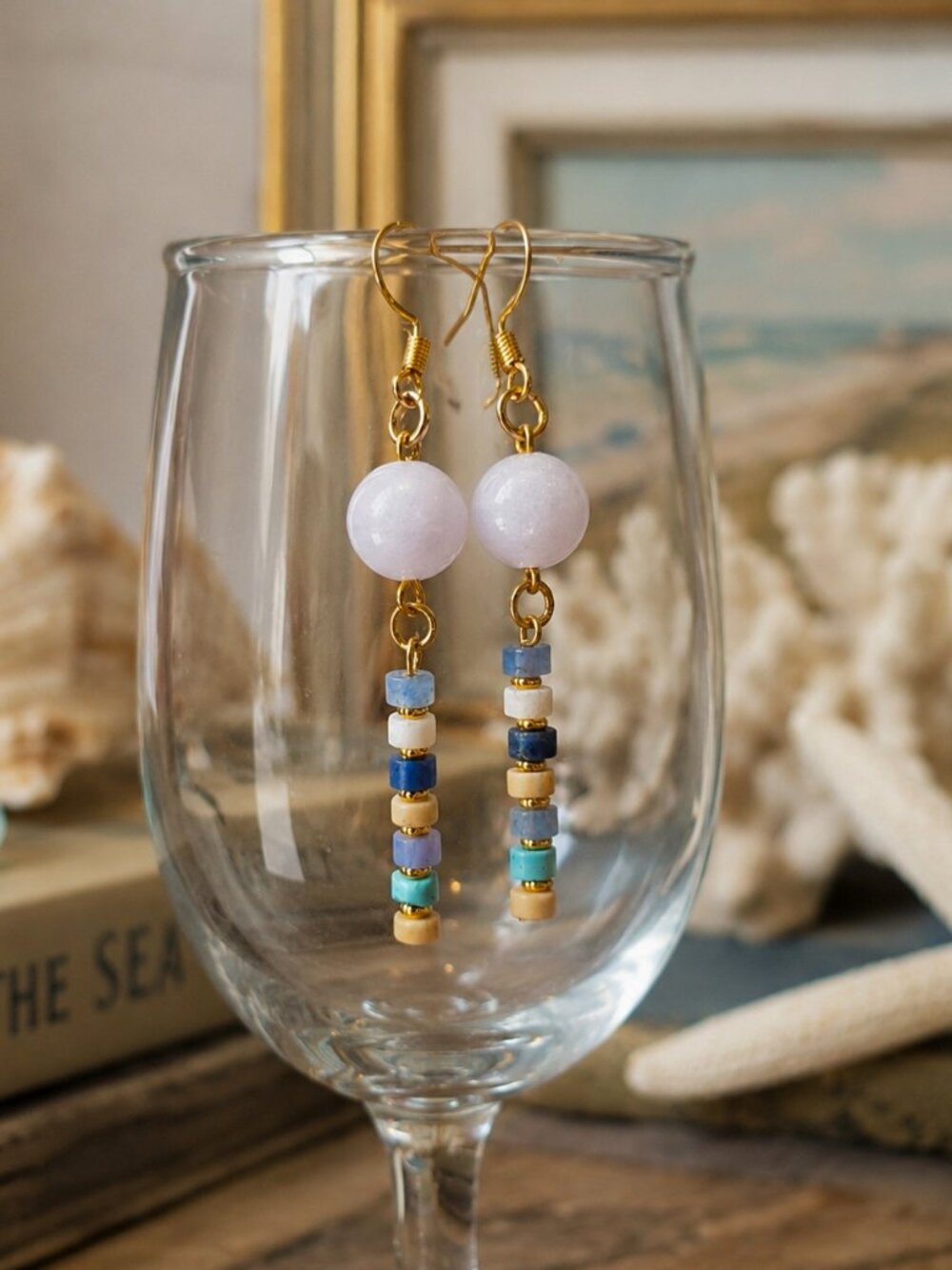 Coastal Aquamarine Turquoise Earrings – Boho Gold Dangles, Beachy Handmade - Picture 2 of 7